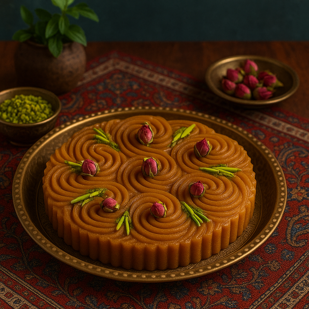 حلوا مجلسی تزئین شده با گل محمدی و پسته